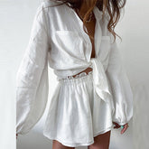 Casual Solid Color Ruffles Shorts Long Sleeve Set